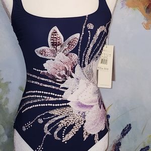 Gottex One Piece Navy with Jeweled and Pearled Flower Print